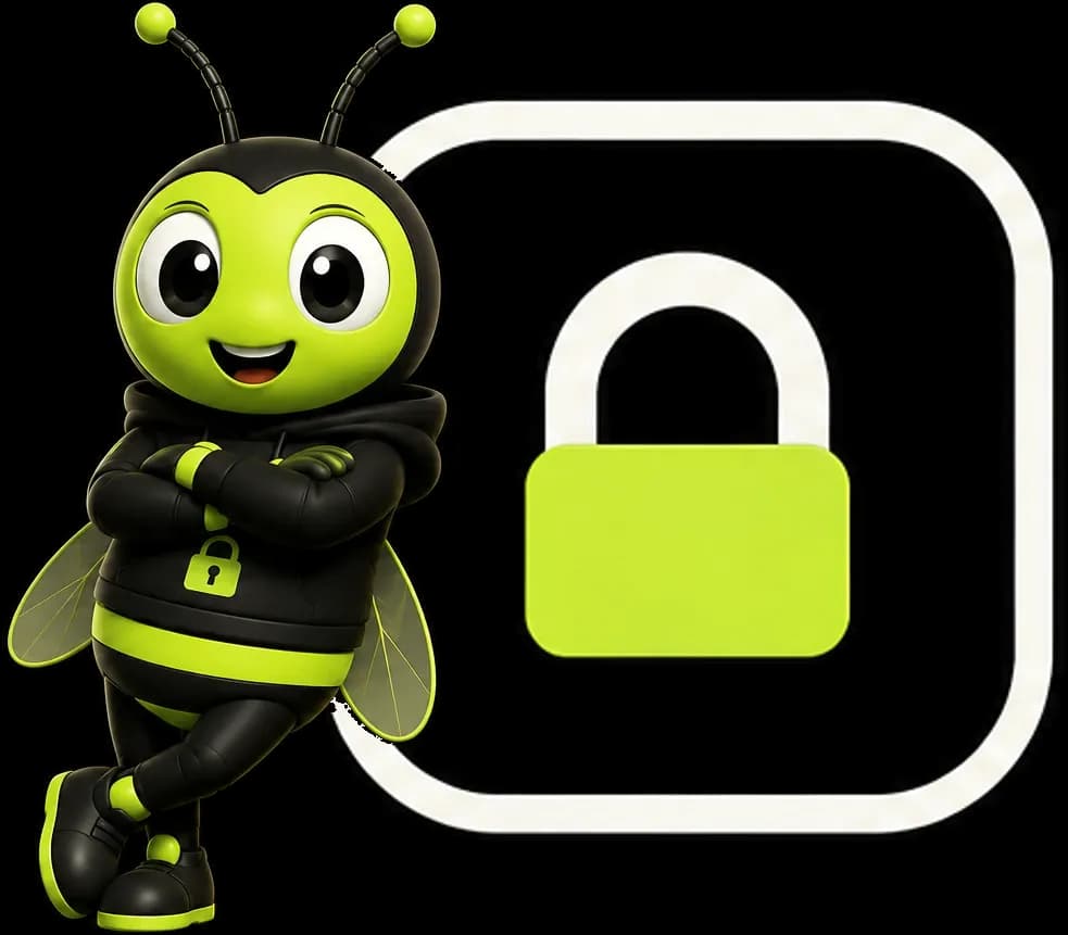 the Latch bee mascot, arms folded, leaning against the Latch padlock badge