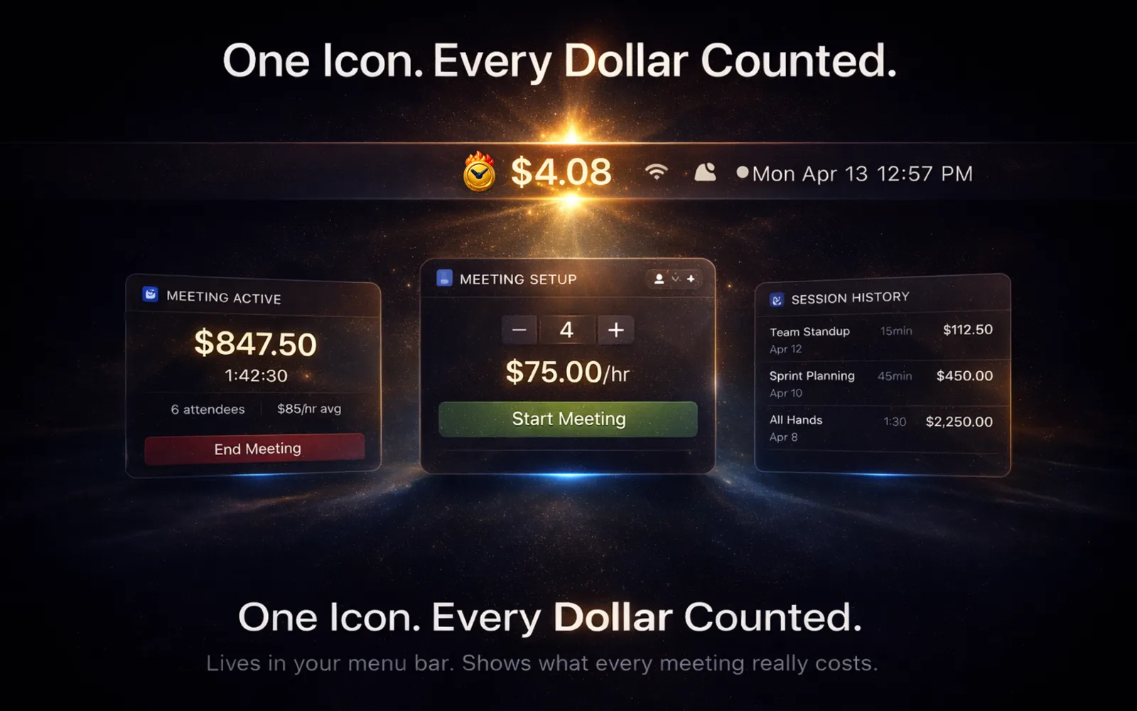 MeetingCost menu bar with live cost ticker